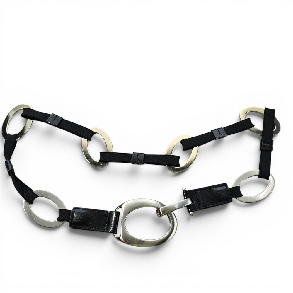 Suzi Roher? Oval Chain Link Belt Women's M/L Black Silver Leather Elastic Boho